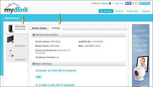 mydlink devices screen